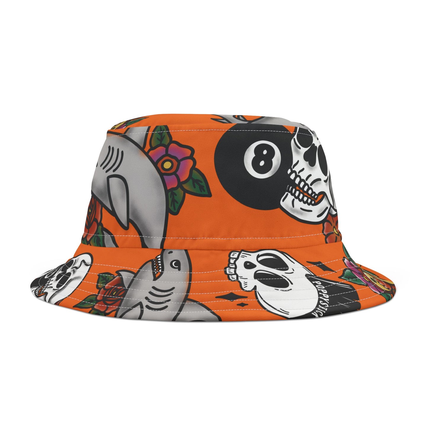 Orange American Traditional Tattoo Bucket Hat | Vintage Sticker-Style Design