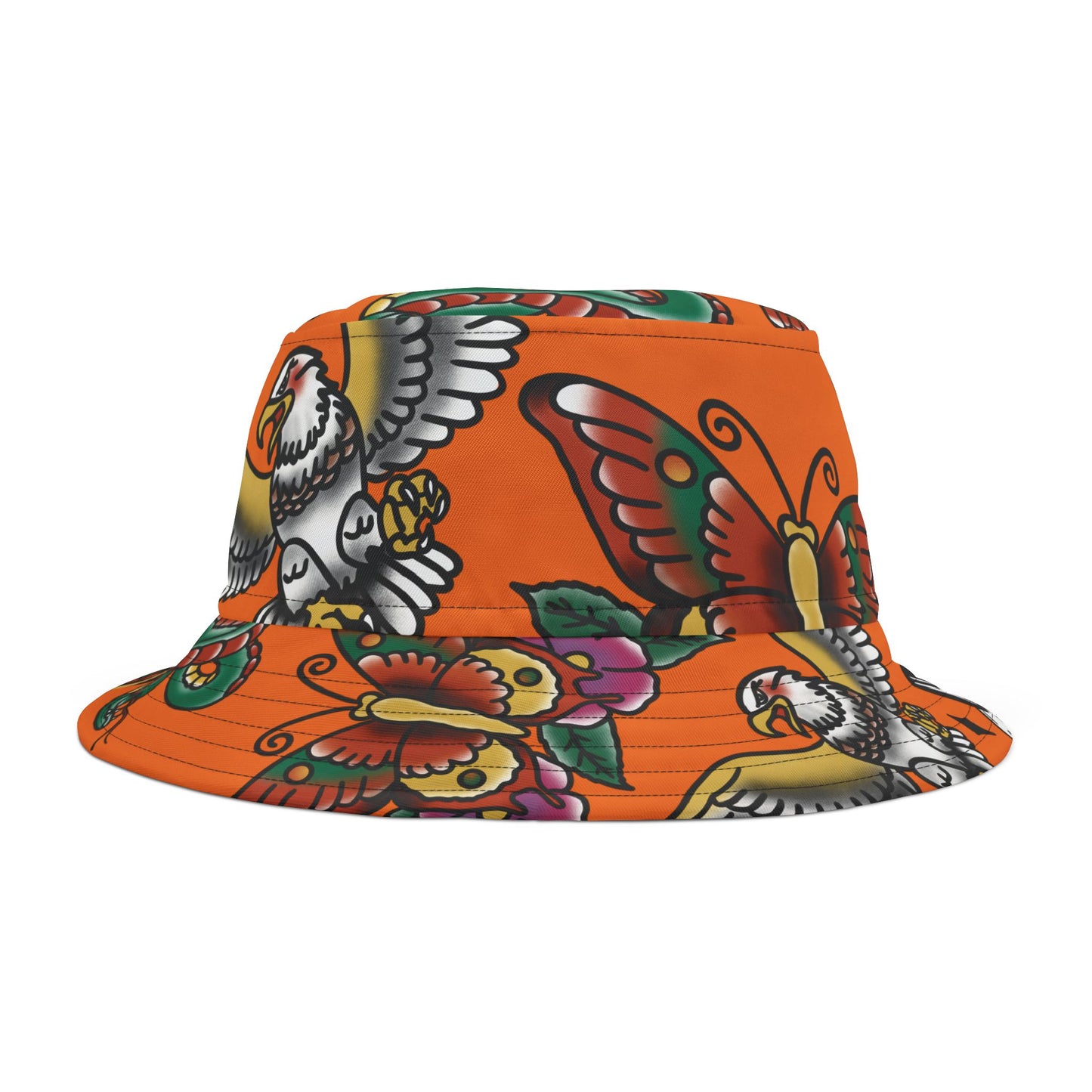 Orange American Traditional Tattoo Bucket Hat | Vintage Sticker-Style Design