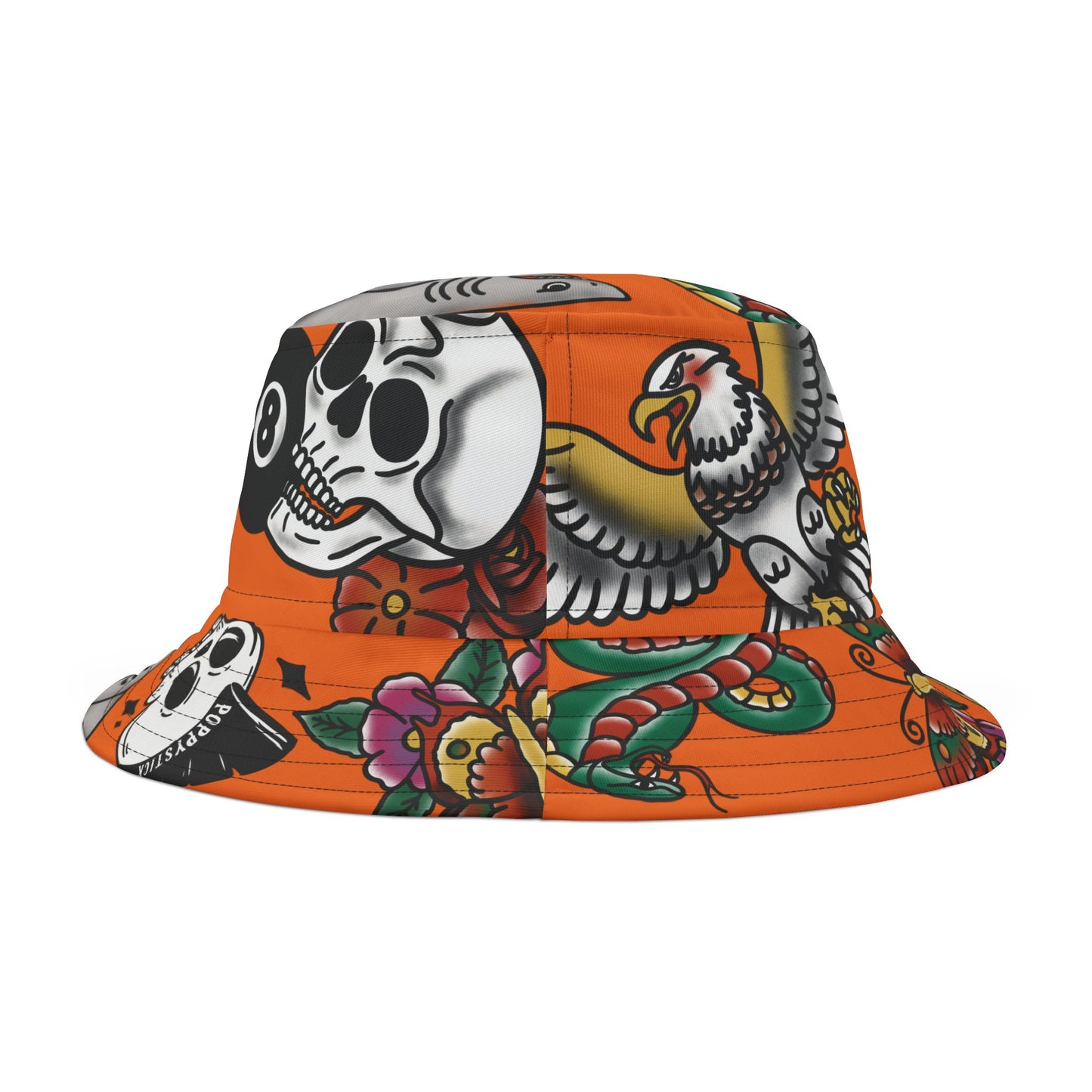 Orange American Traditional Tattoo Bucket Hat | Vintage Sticker-Style Design