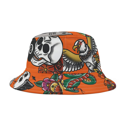 Orange American Traditional Tattoo Bucket Hat | Vintage Sticker-Style Design