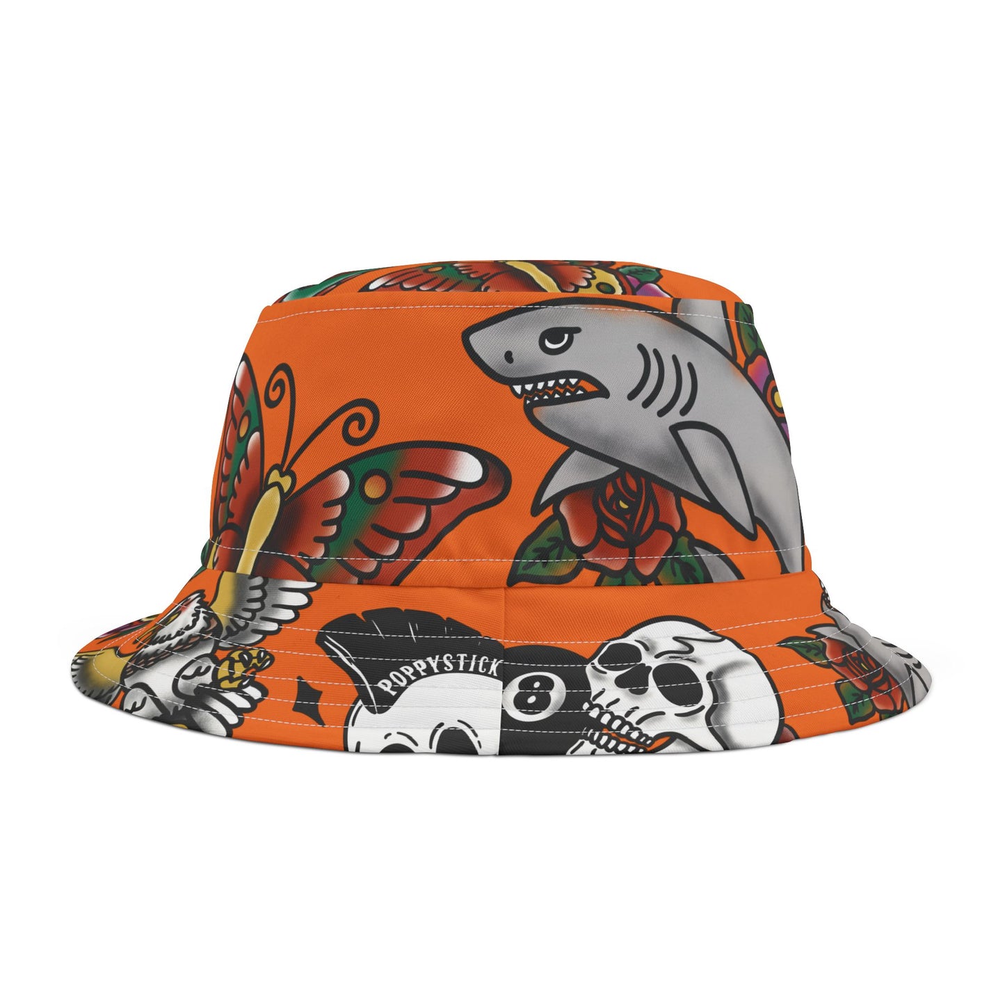 Orange American Traditional Tattoo Bucket Hat | Vintage Sticker-Style Design